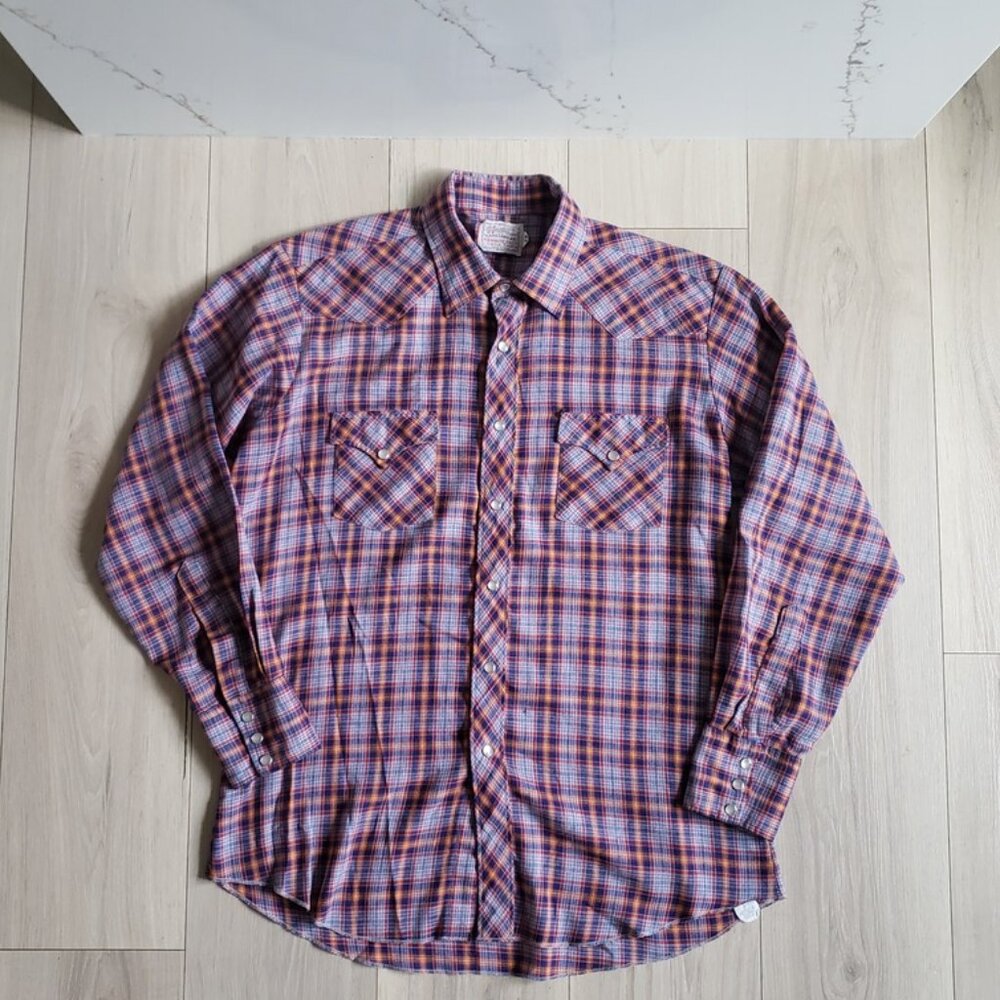 VTG H Bar C Ranchwear Western Shirt Mens L Long Tail Navy Plaid Pearl Snap USA